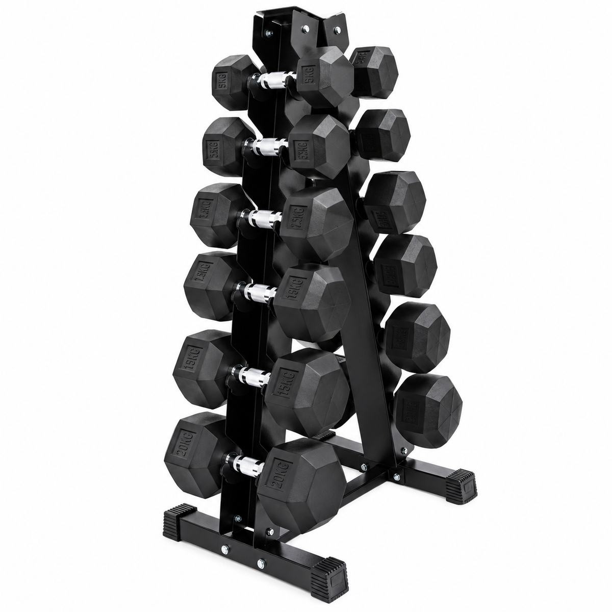 Rubber Hex Dumbbell Set 2.5kg–15kg with A-Frame Rack