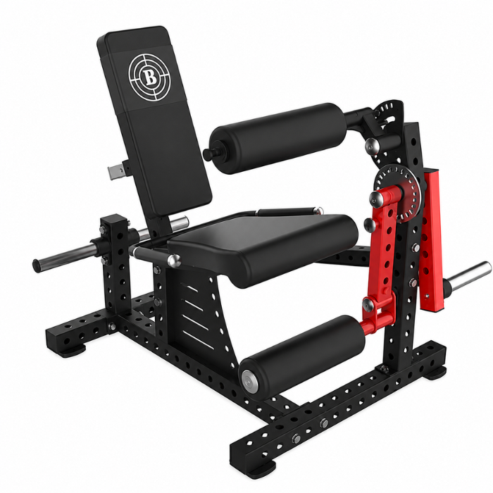 A black and red adjustable leg extension gym machine with a padded backrest, foot platform, roller arms, and metal adjustment knobs on a white background.