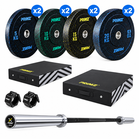 Primiz 100kg Elite Bar, Collars, Bumper and Drop Pad Bundle