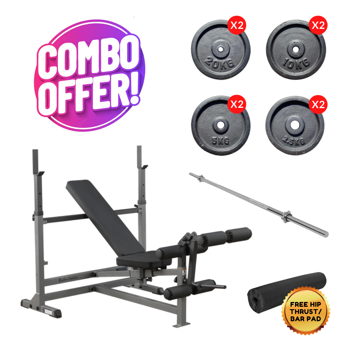Home Gym Bench Press Combo with Bar and Weight Plates