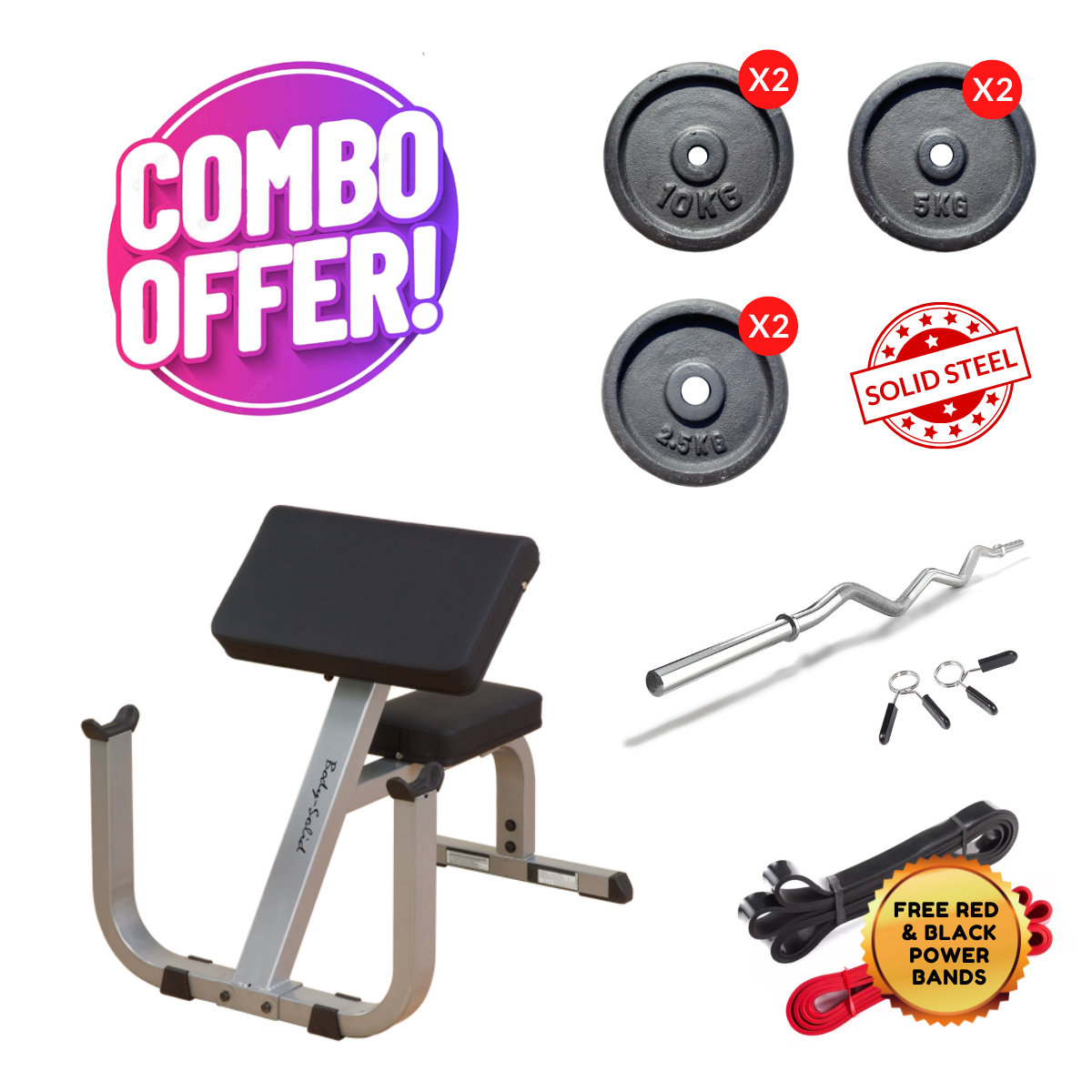 Body-Solid Commercial Preacher Curl Bench Combo with Ez Bar and Weights