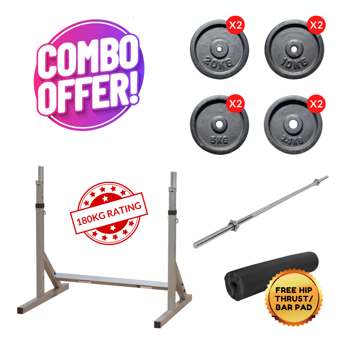 Home Gym Squat Rack Combo with Bar and Weight Plates